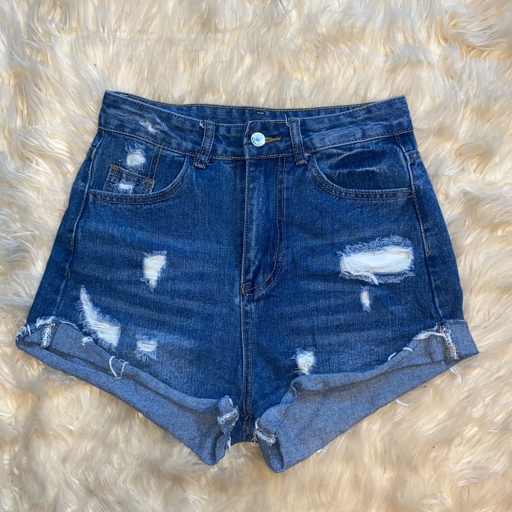 High-Waisted Denim Blue Distressed Shortie Jean Shorts Size Small SHEIN